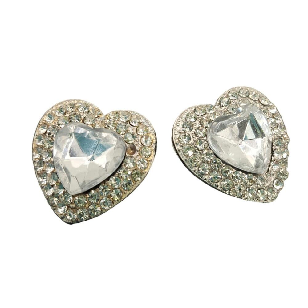 Blue CZ Boutique Vintage Clip On Heart Earrings Rhinestone Jewelry Wedding